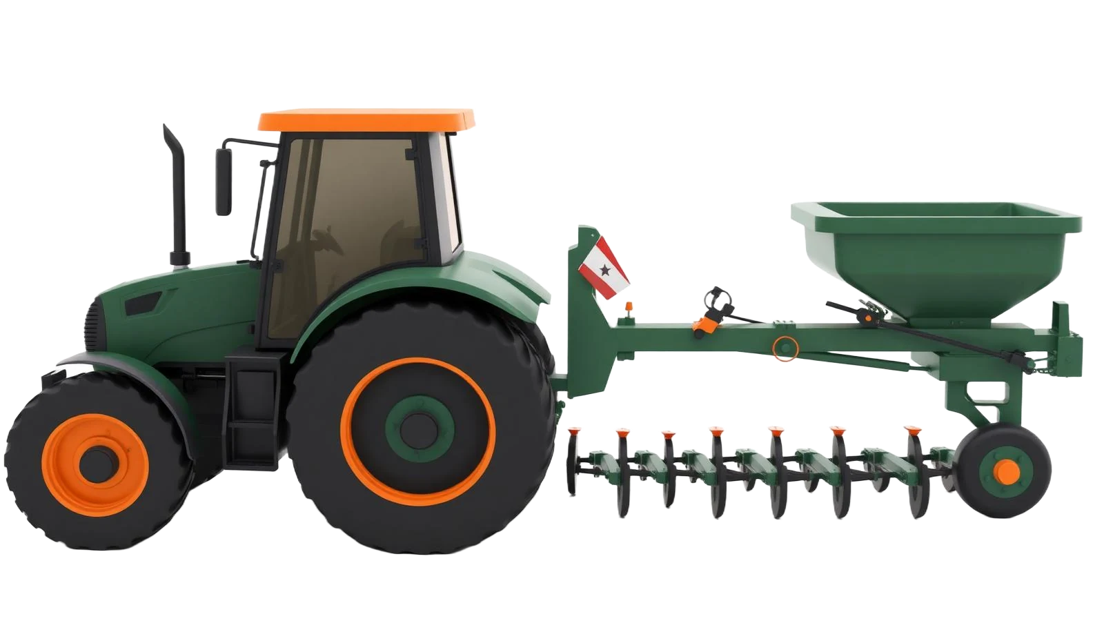 Trator agrícola com plantadeira cruzando o talhão